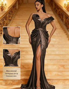 Smilprince Luxurious Metallic Off-Shoulder High Slit Evening Gown