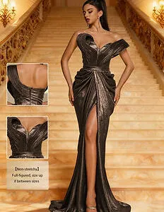 Smilprince Luxurious Metallic Off-Shoulder High Slit Evening Gown