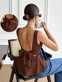Serisse Brown Linen Backless Bow Ruffle Hem Sleeveless Blouse