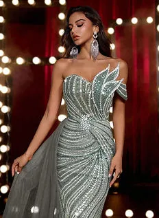 Glamrae Beaded Sequin Mesh Mermaid Dress With Ruffle Trim