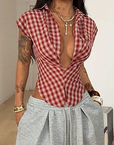 Coolane Plaid Graphics V-Neck Bustier Lapel Short Shirt Bold plaid graphics
