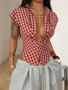 Coolane Plaid Graphics V-Neck Bustier Lapel Short Shirt Bold plaid graphics