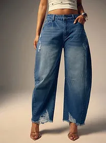 Denimoi Women's Barrel Leg Ripped Jeans