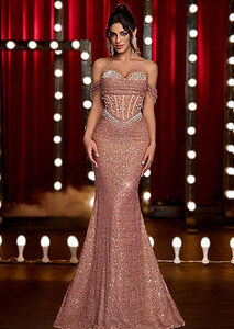 Glamrae Champagne Beaded Sequin Ruched Mermaid Gown