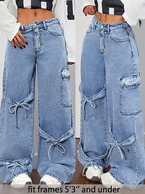 Women's Bow Detail Low Rise Baggy Straight Leg Jeans