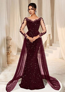 Applique Mesh Sequin Mermaid Dress