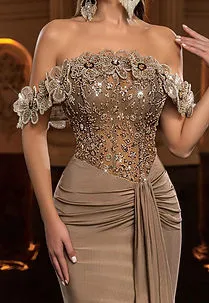 Glamrae Beaded Sequin Floral Off-Shoulder Mermaid Swimsuit Dress