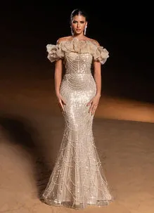 Faeriesty Sequin Off-Shoulder Mermaid Gown With Organza Frills