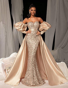 Faeriesty Puff Sleeve Satin Sequin Mermaid Gown