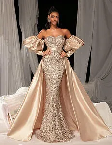 Faeriesty Puff Sleeve Satin Sequin Mermaid Gown