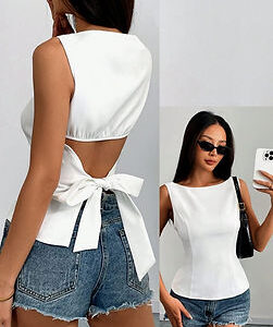 Solid Sleeveless Open Back Bow Knot Cropped Blouse