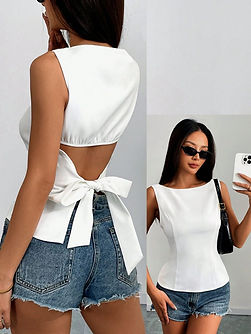 Solid Sleeveless Open Back Bow Knot Cropped Blouse