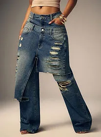 Denimoi Baggy Fit Distressed Frayed Hem Denim Jeans