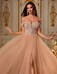 VIPGIRL Champagne Off-Shoulder Sequin Mesh Evening Gown