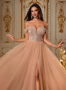 VIPGIRL Champagne Off-Shoulder Sequin Mesh Evening Gown