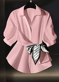Franclia Pleated Polo Collar Cinched Waist Scarf Blouse