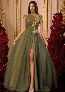Luxurious Olive Green High-Neck Sequin Chiffon Evening Gown