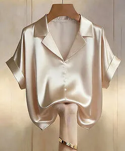 Franclia Champagne Satin Pearl Button Short Sleeve Blouse
