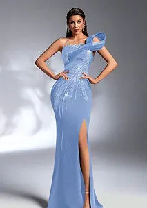 IBTRLY Beaded Sequin Applique Slit Evening Gown