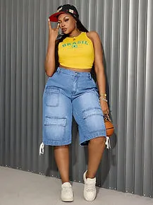 Women's Loose Drawstring Denim Cargo Capri Pants