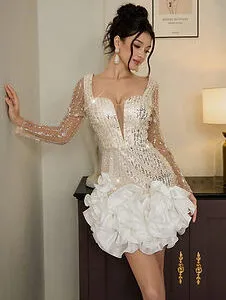 Poshira Sequin Pearl Feather Trim Bodycon Ball Gown