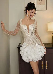 Poshira Sequin Pearl Feather Trim Bodycon Ball Gown