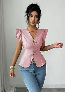 Elenzya V-Neck Metal Buckle Flared Sleeve Cardigan Blouse
