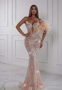 Astony One Nude Sheer Beaded Backless Mermaid Gown