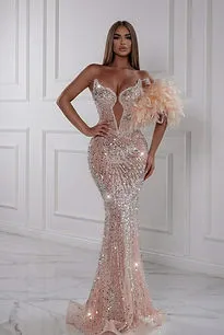Astony One Nude Sheer Beaded Backless Mermaid Gown