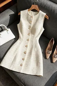 Round Neck Button-Down Tweed Mini Dress Chic & Structured