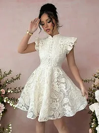 Rafferiza Lace Stand Collar Cap Sleeve A-Line Mini Dress