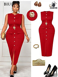 BIUBIU Plus Size Metal Buckle Slit Pocket Dress