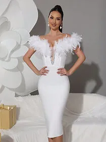 Modphy Feather Decor V-Neck Backless Bandage Midi Dress
