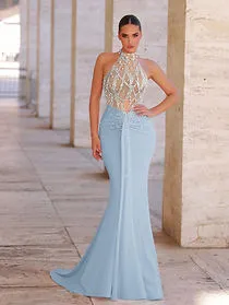 Glamrae Pearl Sequin Sheer Fishtail Evening Gown