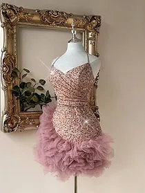 Lovelzi Pink Sequin Bud Halter Short Party Dress