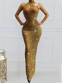 Rhinestone Mesh Sleeveless Bodycon Evening Gown