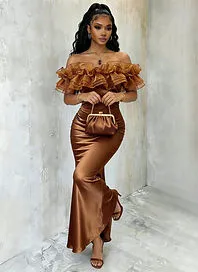 Eryvara Shiny Mesh Off-Shoulder Satin Mermaid Dress