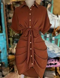 NostaNoir Collared Tie-Waist Short Sleeve Shirt Dress
