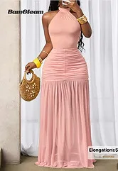 BamGleam Pleated Halter Neck Beach Vacation Dress