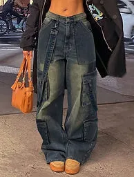 Women's Vintage Cargo Wide Leg Distressed Jeans