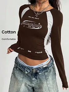 Coolane Color-Blocked Dark Brown Graphic Long Sleeve Tee