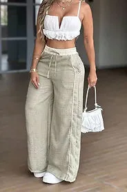 Y2K Light Gray-Green High Waist Wide Leg Drawstring Pants