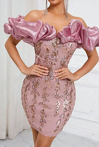 Belle Glitter Mesh 3D Sleeve Strapless Bodycon Dress