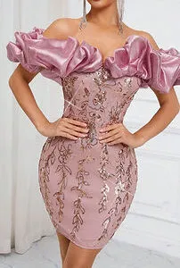 Belle Glitter Mesh 3D Sleeve Strapless Bodycon Dress