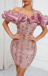 Belle Glitter Mesh 3D Sleeve Strapless Bodycon Dress