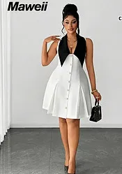 Pearl Button Contrast Collar A-Line Knit Dress