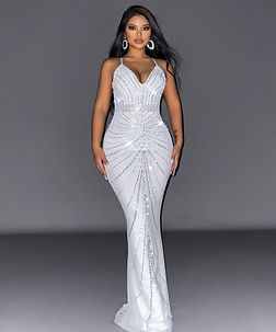 White Sequin Sunburst Rhinestone Waist Mermaid Evening Gown