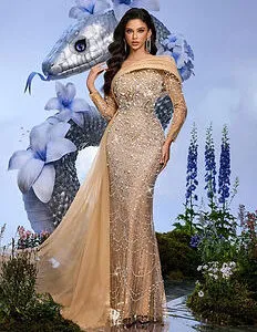 Champagne Sequin Beaded Long Sleeve Evening Gown