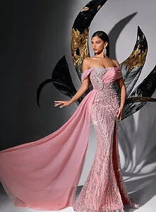 Pink Sequin Beaded Off-Shoulder Fishtail Evening Gown