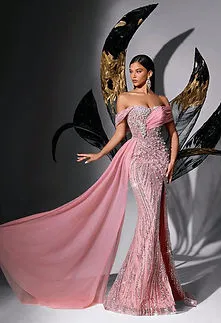 Pink Sequin Beaded Off-Shoulder Fishtail Evening Gown
